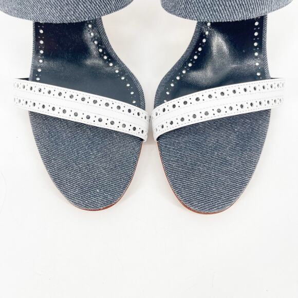 NWB Manolo Blahnik Denala Blue White Denim Leather Dual Band Slide Heels IT 40 - Picture 8 of 14